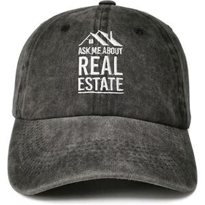 Unisex Black Washed Ask Me About Real Estate  Embroidery Adjustable Baseball Cap